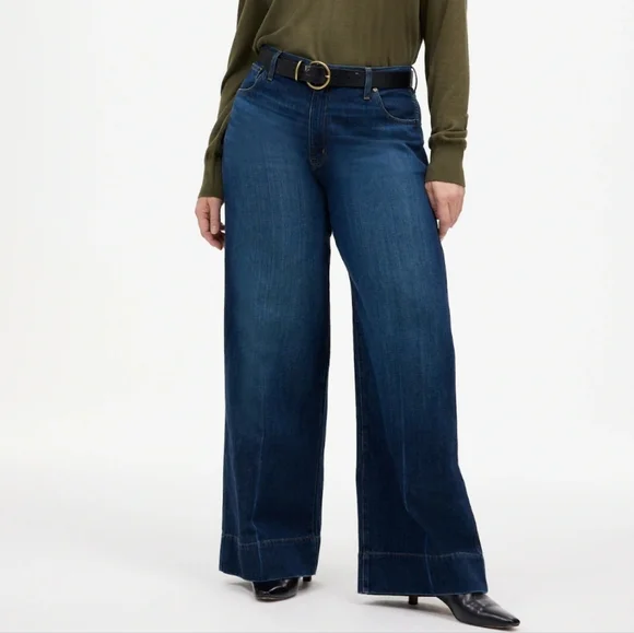 Madewell Plus Size 20W SuperWide High Waisted Full Length Blue Whiskering Jeans - Picture 2 of 16
